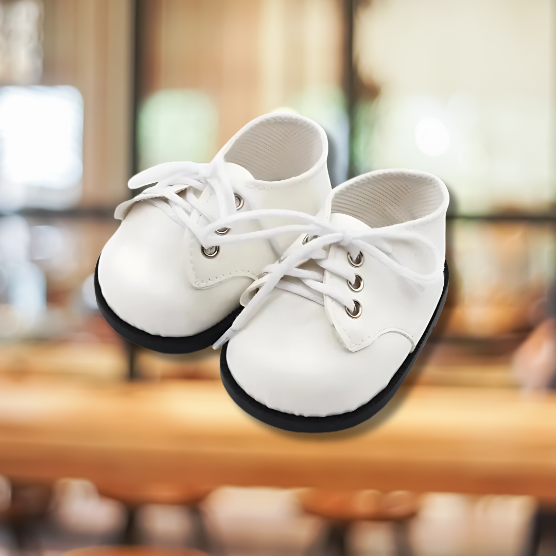 17cm Plush Doll Outfit – Handmade White Laced Dress Shoes | Elegant Doll Accessories