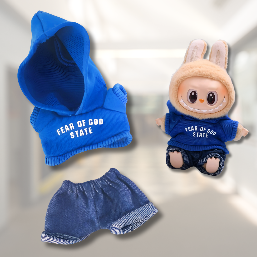 Handmade Labubu 17cm Doll Clothes - Blue Hoodie & Pants Outfit Set (2pcs, No Doll)